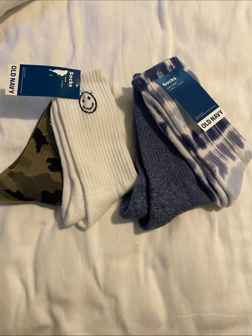Old Navy Men's Socks 6-Pack — White, Olive Camo, Navy, Tie-Dye Blue